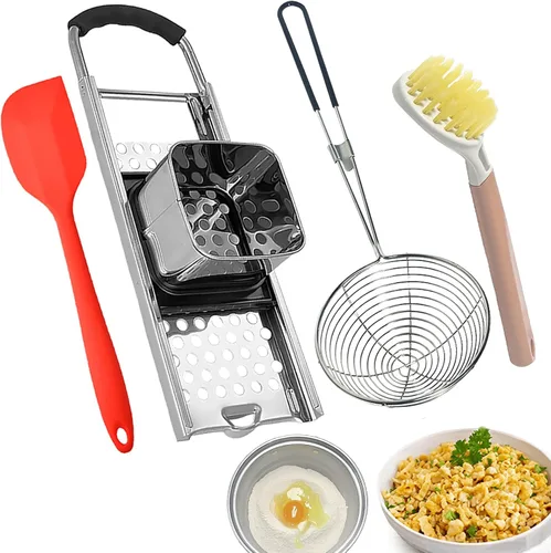 Spaetzle Maker de acero inoxidable de alta calidad con mango de goma antideslizante, colador de araña, raspador de silicona y cepillo de plástico,
