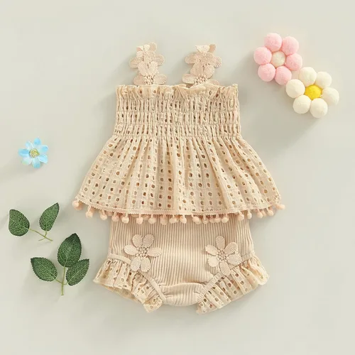 Miniatura 162 de TheFound Trajes de verano para niñas pequeñas, sin mangas, de punto acanalado, halter, pantalones cortos, ropa para recién nacidos, conjunto de 3