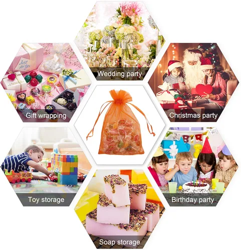 Miniatura 7 de Jexila - 100 bolsas de organza naranja de 5 x 7 pulgadas con cordón para calabazas de Halloween, bolsas de regalo para niños, bolsas de dulces