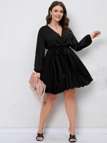 Miniatura 6 de SCOMCHIC Vestido corto de manga larga con cuello en V cruzado para mujer, talla grande