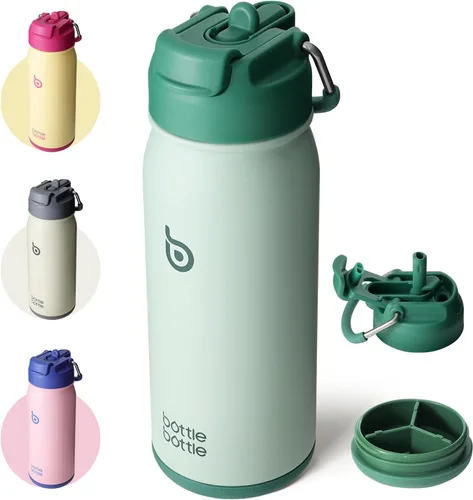 BOTTLE BOTTLE Botella de agua deportiva de 16 onzas de acero inoxidable aislada para niños con pajita y porta pastillas para regalos y la escuela
