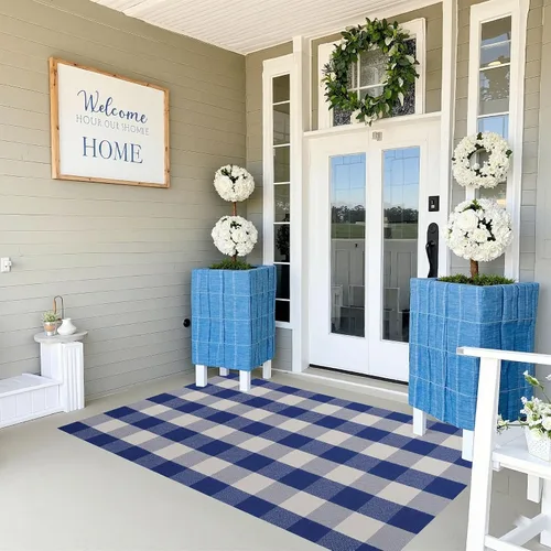 Miniatura 5 de SEEKSEE Alfombra de Algodón a Cuadros Buffalo 3'x5' Azul y Blanco Alfombra a Cuadros Lavable Felpudos para Interiores y Exteriores para Alfombras