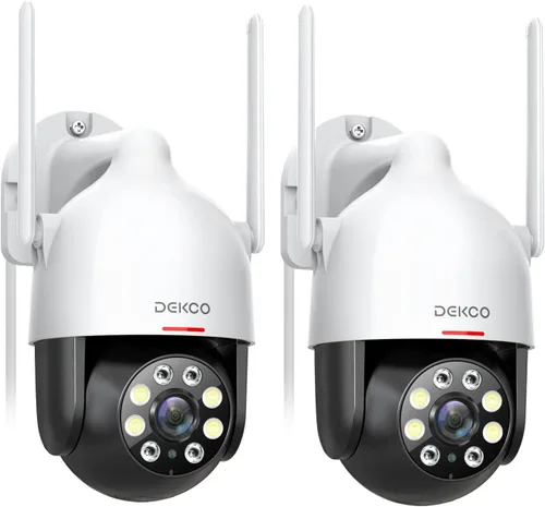 DEKCO Cámara de seguridad 2K para exteriores, paquete de 2 unidades, cámaras de seguridad WiFi para exteriores, panorámica, visión de 360°, cámaras