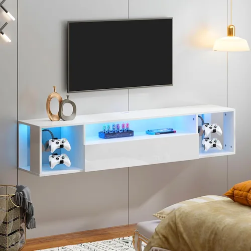soges Soporte de TV flotante con luces LED, estante de televisión para TV de 43 pulgadas, consola multimedia montada en la pared con ganchos para