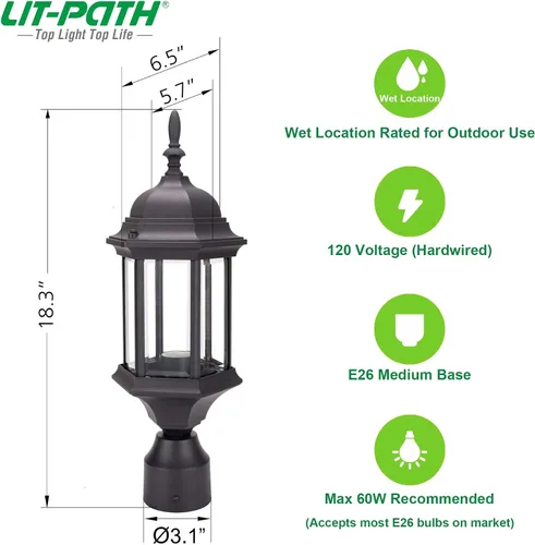 Miniatura 5 de LIT-PaTH Farol de poste de iluminación para exteriores, base mediana E26 máx. 60 W, carcasa de aluminio más vidrio, paquete de 2, acabado negro