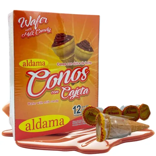 ALDAMA Conos de caramelo de leche de oblea, conchas de obleas crujientes rellenas de rico relleno de leche mexicana Cajeta (12 piezas)