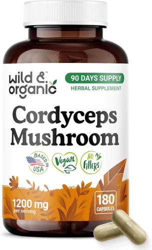 Wild & Organic Cordyceps Cápsulas de 1200 mg - Apoyo inmunológico - Suplemento en polvo de hongos Cordyceps - Extracto de micelio puro - Vegano, sin