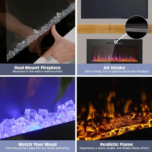 Miniatura 7 de Prominence Home Chimenea eléctrica de diseño delgado LED y chimenea montada en la pared con calentador de 1500 W, opciones de troncos y brasas