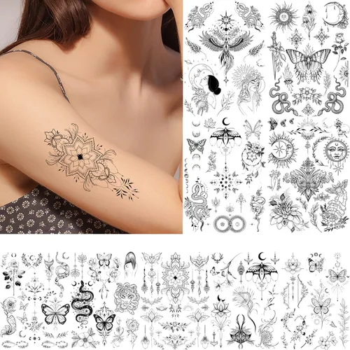 Miniatura 2 de glaryyears Más de 100 tatuajes falsos temporales negros para mujeres, hombres y adultos, diseño de serpiente mariposa, sol, luna, planetas