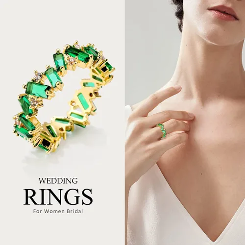 Miniatura 2 de UILZ Anillos de boda de compromiso de circonita cúbica verde para mujeres y niñas, anillos apilables de oro verde esmeralda para mujeres novias
