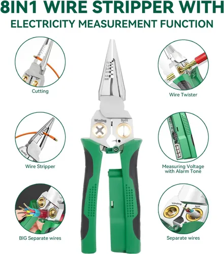 Miniatura 6 de Pelacables 8 en 1 con probador de voltaje, herramienta de pelado de cables eléctricos multifunción para cortar y tirar de alicates, herramienta