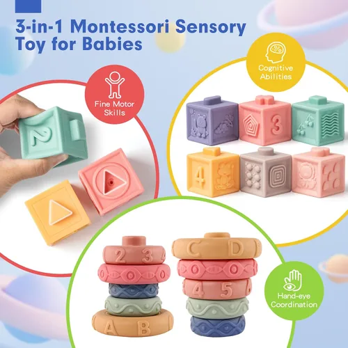 Miniatura 4 de SpringFlower Juguetes Montessori 3 en 1 para bebés de 0-3-6-12 meses, sonajero mordedor y bloques para bebés y anillos blandos apilables, juguetes