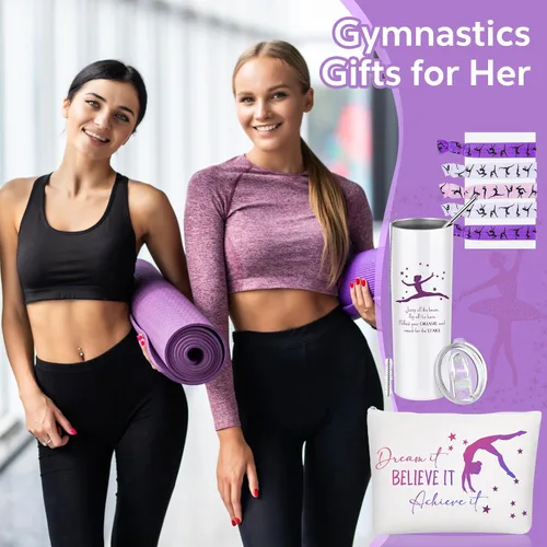 Miniatura 6 de Junkin 3 piezas de regalos de gimnasia para mujeres, incluye vaso de acero inoxidable con bolsa de maquillaje y pajita, lazos elásticos