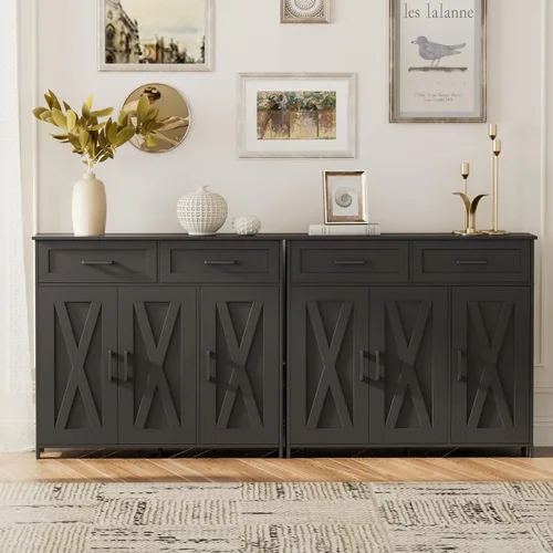 Miniatura 8 de Homhedy Aparador de buffet, gabinete de almacenamiento de barra de café con cajones y puertas, armario de cocina de granja con estantes ajustables