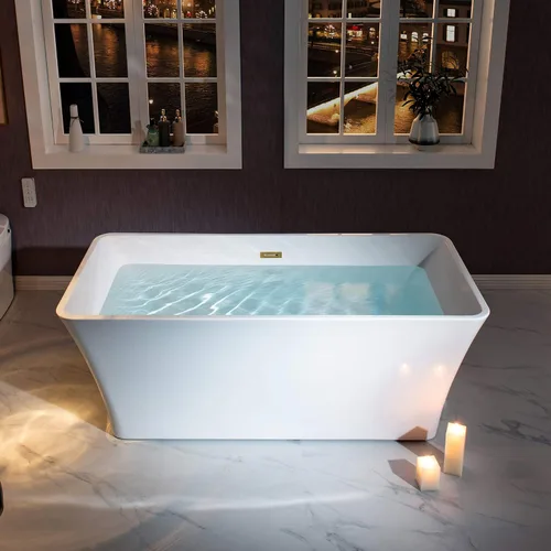 Miniatura 2 de WOODBRIDGE Bañera de acrílico independiente de 59 pulgadas, bañera blanca de remojo contemporáneo con desbordamiento y drenaje de oro cepillado