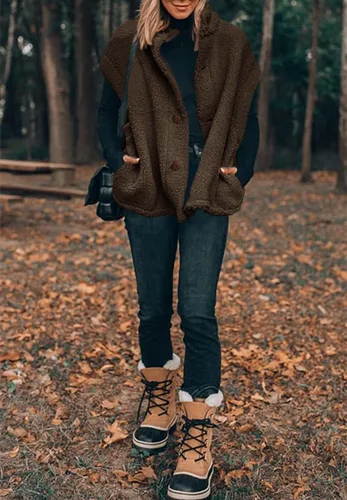 Miniatura 71 de Hongqizo - Chaleco de forro polar mullido para mujer, casual, de gran tamaño, cálido, con botones, chaqueta de sherpa con bolsillos