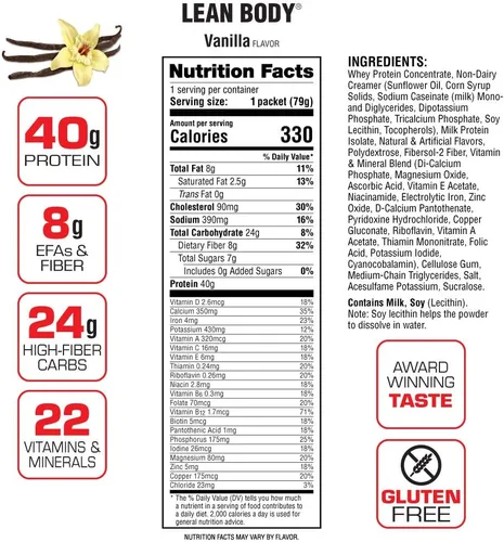 Miniatura 4 de Lean Body - Batido de reemplazo de comida de vainilla todo en uno. 40g de proteína, mezcla de suero MRP, 8g de grasas saludables y fibra, 22