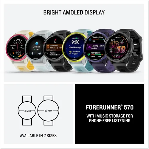 Miniatura 7 de Garmin® Forerunner® 570, 47mm, Reloj inteligente avanzado para correr y triatlón con GPS, pantalla AMOLED, funciones de entrenamiento y Pizarra/Negro