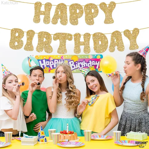 Miniatura 7 de KatchOn, Cartel de feliz cumpleaños dorado con purpurina – Pre-encordado, 10 pies Cartel dorado de feliz cumpleaños para niñas y niños Cartel