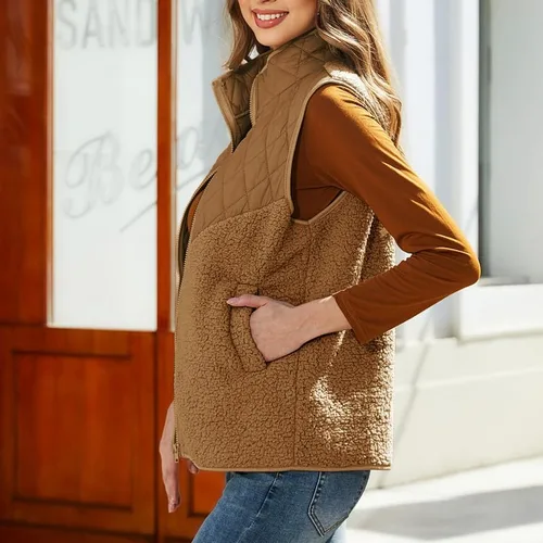 Miniatura 4 de Vipwest Chaleco sherpa de forro polar mullido para mujer, para otoño e invierno, con cuello alto, ligero, sin mangas, (S-5XL)