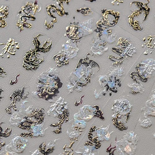 Miniatura 10 de 3 hojas de calcomanías de arte de uñas de hojas de bambú de sauce estilo chino 5D, calcomanías autoadhesivas doradas y plateadas para mujeres