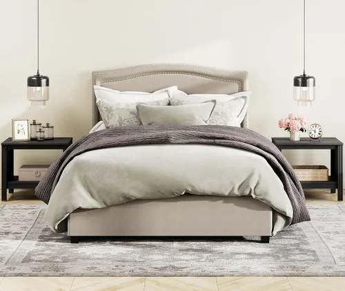 Miniatura 3 de WAMPAT Mesa auxiliar pequeña cuadrada para sala de estar, mesita de noche de madera de 2 niveles con estante de almacenamiento para dormitorio, Negro