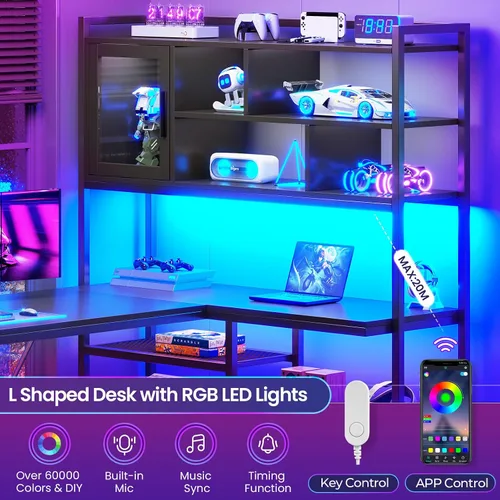 Miniatura 8 de SEDETA Escritorio para computadora en forma de L, escritorio de oficina de 58 pulgadas con luz LED y estantería, escritorio de esquina en forma de L