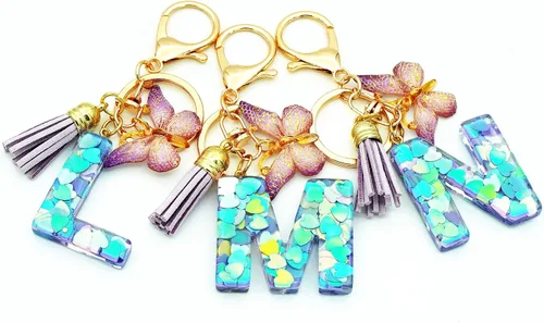 Miniatura 6 de TTYY Llaveros con letra inicial para niñas y mujeres, rosa, morado, verde, lindo llavero de corazón de mariposa para mochila escolar
