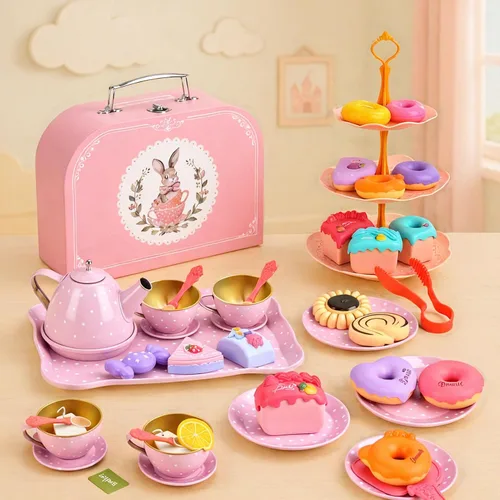 Miniatura 3 de Lajeje Juego de fiesta de té para niñas – Regalo de cumpleaños de princesa pequeña, juguetes de conejito para la hora del té con tetera, postres