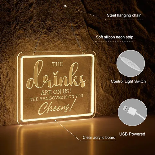 Miniatura 4 de Letrero de neón para bar "Las bebidas son por nuestra cuenta" Letreros LED Las resacas son para ti Letrero de neón Cheers Luz de neón para regalos