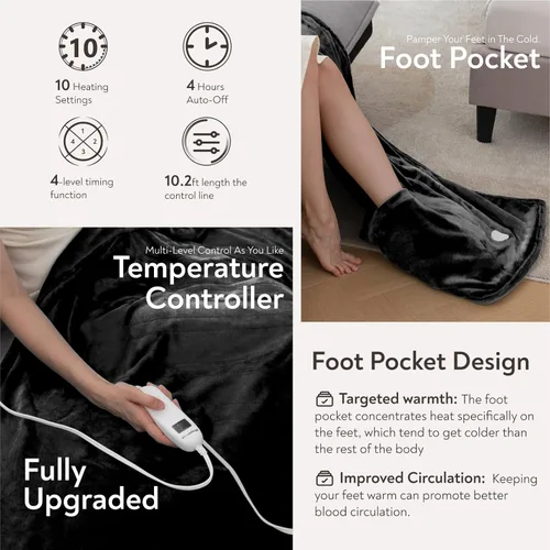 Miniatura 3 de Wapaneus Manta térmica eléctrica con bolsillo para los pies, con 10 niveles de calefacción y 4 ajustes de temporizador, 4 horas de apagado