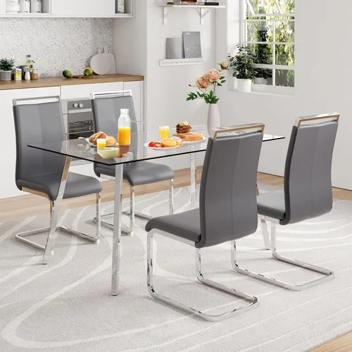 Miniatura 8 de Juego de mesa de comedor de cristal para 4, mesa rectangular con 4 sillas de cocina de cuero gris, juego de comedor de cocina de 51 pulgadas, mesa 4