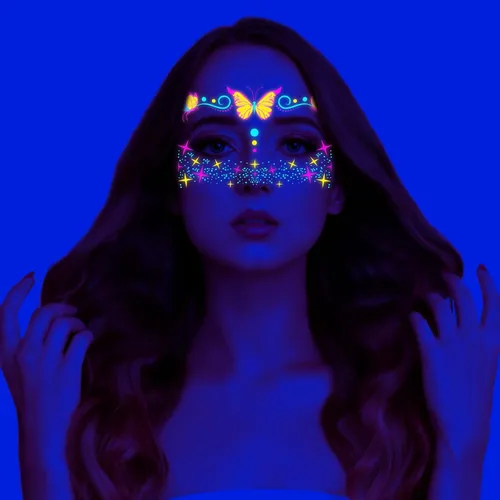 Miniatura 5 de Tatuajes faciales de neón que brillan en la oscuridad, tatuajes temporales con luz negra UV, calcomanías para cuerpo, cara, flores, tatuaje
