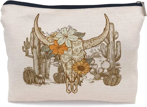 Miniatura 6 de Bolsa de maquillaje retro del oeste con diseño floral, calavera, cactus, paisaje, bolsa de cosméticos para maquillaje, bolsa pequeña con cremallera