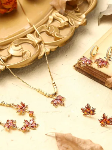 Miniatura 3 de Sasylvia Juego de 4 piezas de joyería de otoño de hoja de arce para mujer, collar, pulsera de diamantes de imitación, 2 aretes de hoja de arce