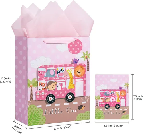 Miniatura 7 de LeZakaa Bolsa de regalo rosa de 1er cumpleaños para niños y niñas, bolsa de regalo de 13 pulgadas con papel de seda, etiqueta de regalo y tarjeta