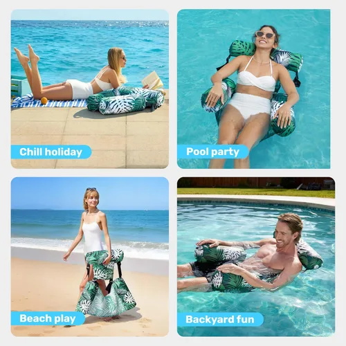 Miniatura 8 de Sloosh Sillas flotantes de piscina para adultos, sillas inflables de piscina, hamaca flotante con patrón de plantas para adultos, flotadores