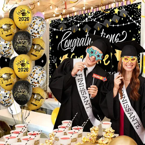Miniatura 4 de Globos de graduación 2025 para fiesta de graduación, 50 globos de 30 cm negros y dorados de látex para graduación, globos de fiesta de graduación