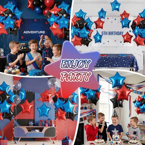 Miniatura 6 de Globos de estrellas rojas, azules y negras, globo de papel de aluminio de 18 pulgadas para helio, paquete de 10 globos rojos y azules, globo de Negro