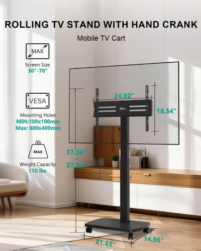Miniatura 8 de WALI Soporte de TV rodante con manivela de mano, soporte de televisión alto móvil con ruedas para televisores de 30 a 70 pulgadas de hasta 110