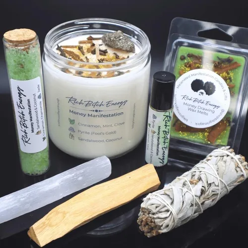 Miniatura 9 de BlkGrlMagick Money Manifestation - Vela de cristal de pirita, hecha a mano, cremosa aroma de sándalo de coco, menta, canela y clavo de olor