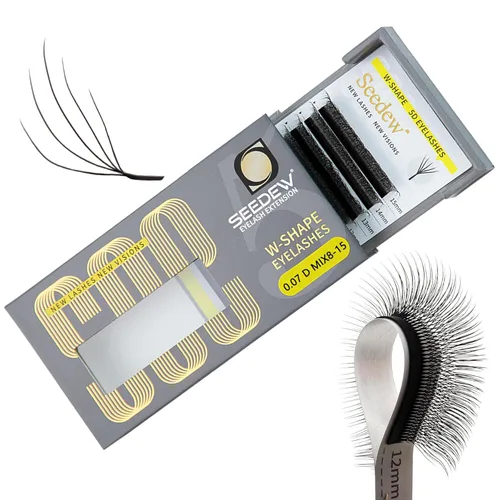 Miniatura 79 de Extensiones de pestañas con doble punta 3D, rizo D de 0.003 in, mezcla de 0.315-0.591 in, 12 filas por bandeja, tallo plano 3DD en forma de W