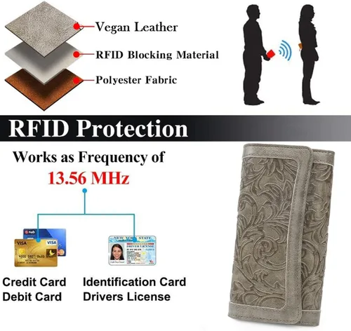 Miniatura 27 de MEITRUE Cartera de cuero para mujer, con bloqueo RFID, triple pliegue, con relieve, soporte para tarjetas, organizador de chequera para teléfono