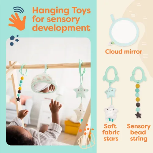 Miniatura 3 de B. toys Gimnasio de madera para bebés - Alfombra de actividades - Cielo estrellado - 3 juguetes sensoriales colgantes - Madera natural - Bebés, bebés