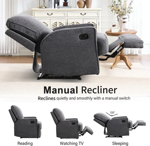 Miniatura 7 de INZOY Sillón reclinable manual con respaldo más grueso, sillón manual de tela suave con cojín acolchado, sofá reclinable resistente para sala de Gris