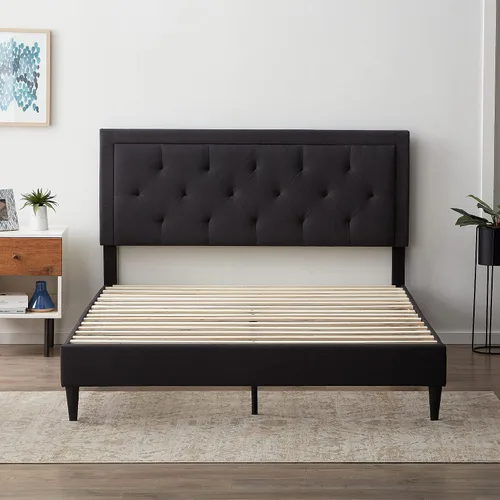 Miniatura 3 de Lucid - Cama de plataforma tapizada con cabecera de diamante con estructura de madera resistente, no requiere somier, King, carbón