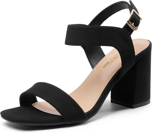 DREAM PAIRS Sandalias de tacón alto y grueso para mujer, con puntera cuadrada, correa en el tobillo, cómodas sandalias