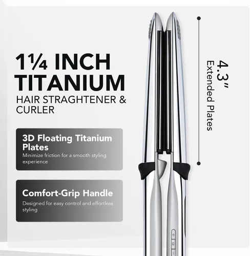 Miniatura 4 de Plancha plana profesional de titanio, placas flotantes de 1 1/4 pulgadas, alisador y rizador de cabello 2 en 1, 10 temperaturas hasta 480 °F, iones