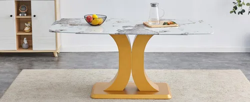 Miniatura 9 de A Modern Minimalist Dining Table. Imitation Marbled Glass Tabletop. Gold Table Legs for Kitchen and Living Room