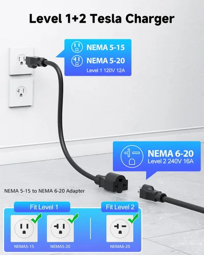 Miniatura 3 de Cargador portátil de nivel 1/2 EV para Tesla, cargador de coche NACS de 16 amperios con 110 V-240 V, cable de extensión de 25 pies, enchufe NEMA